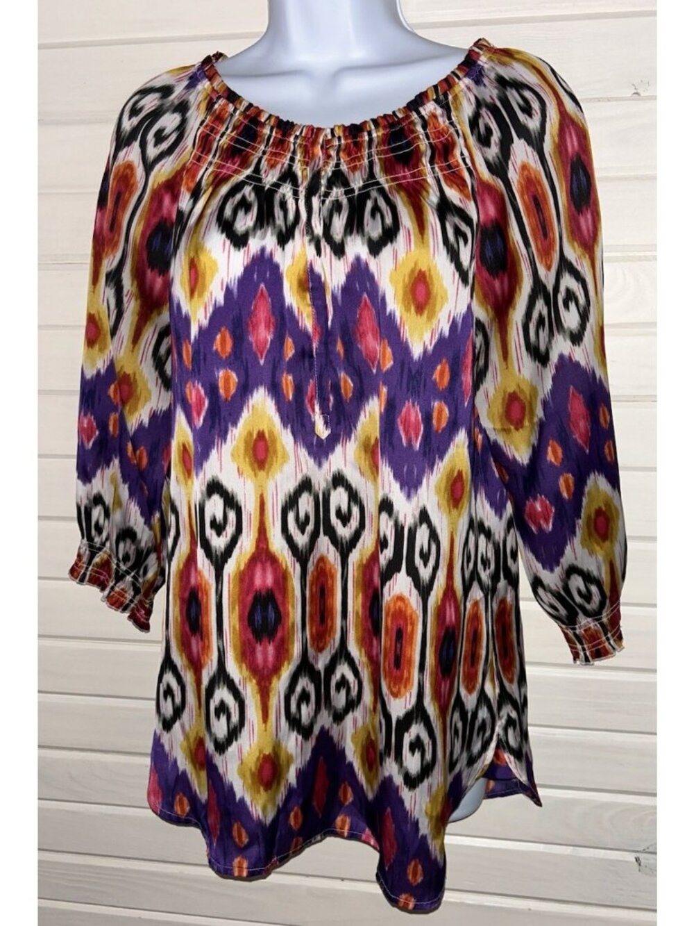 Chicos Sz 0 (SMALL) Ikat Print Peasant Top Tunic Silky 3/4 Sleeves EUC